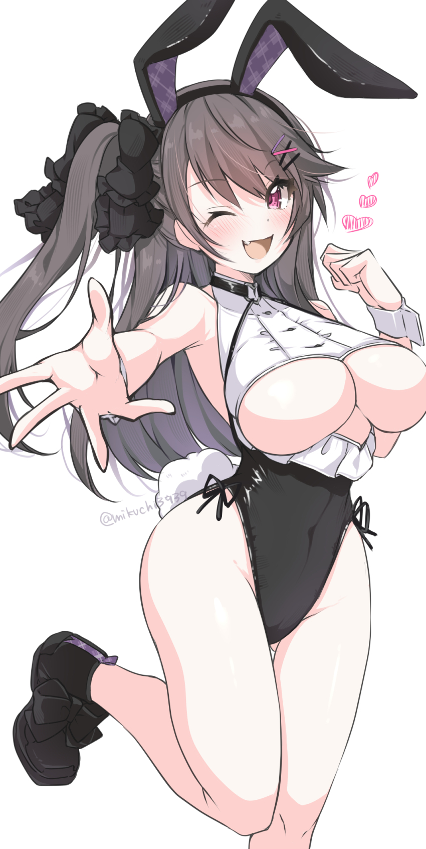 animal_ears azur_lane breasts hair_ornament hairclip heart highres large_breasts leotard long_hair mikuchi3939 one_eye_closed open_mouth pamiat_merkuria_(azur_lane) playboy_bunny rabbit_ears rabbit_tail reaching reaching_towards_viewer shoes side_ponytail smile standing standing_on_one_leg tail underboob