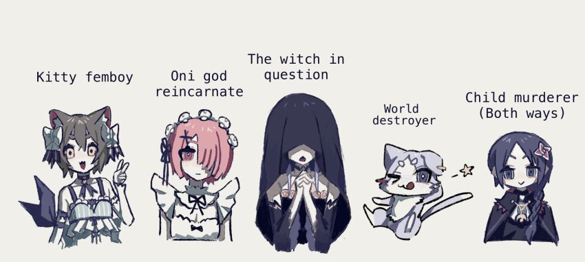 &gt;_o 1boy 3girls :&gt; :3 :d animal_ears bare_shoulders black_choker black_veil blue_hair bow braid brown_hair cat_boy cat_ears choker commentary cropped_torso detached_sleeves english_commentary english_text felix_argyle hair_over_one_eye hair_ribbon hand_up highres long_hair long_sleeves looking_at_viewer maid_headdress meili_portroute multiple_girls nothing_(11o1234) one_eye_closed open_mouth own_hands_clasped own_hands_together pink_hair praying puck_(re:zero) purple_ribbon ram_(re:zero) re:zero_kara_hajimeru_isekai_seikatsu ribbon roswaal_mansion_maid_uniform satella_(re:zero) short_hair simple_background smile straight-on trap upper_body v v-shaped_eyebrows veil white_background white_bow white_sleeves