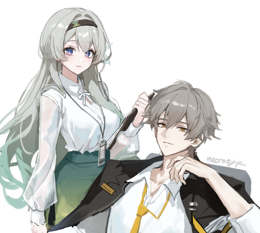 1boy 1girl alternate_costume black_coat black_hairband blue_pupils caelus_(honkai:_star_rail) coat firefly_(honkai:_star_rail) grey_hair hair_intakes hairband highres honkai:_star_rail honkai_(series) meoyo multicolored_eyes open_clothes open_coat simple_background trailblazer_(honkai:_star_rail) two-tone_eyes white_background yellow_eyes