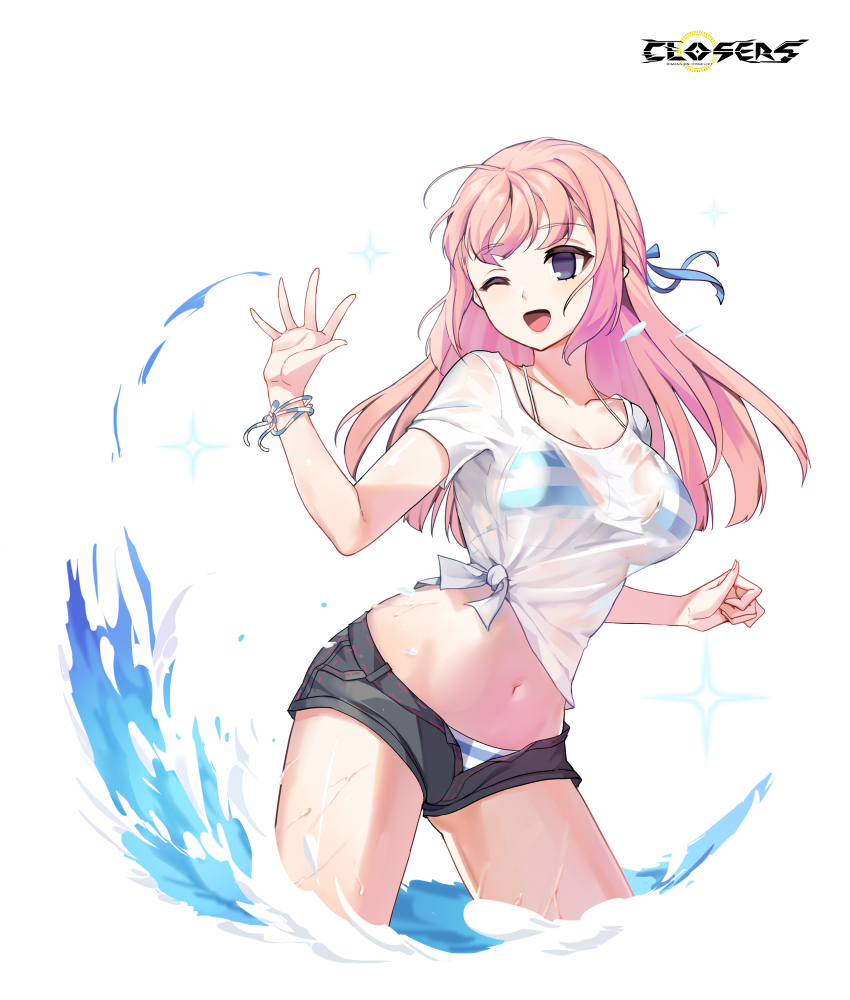 1girl ;d alternate_hair_color bikini bikini_under_clothes bikini_under_shorts black_shorts blue_bikini blue_ribbon breasts closers copyright_name cowboy_shot hair_ribbon hands_up highres large_breasts levia_(closers) logo long_hair looking_to_the_side multicolored_bikini multicolored_ribbon navel no_pupils official_art one_eye_closed open_mouth pink_hair purple_eyes ribbon see-through_clothes see-through_shirt shirt short_shorts short_sleeves shorts smile solo sparkle splashing stomach string_bikini striped_bikini striped_clothes swimsuit t-shirt tied_shirt variant_set wading water wet wet_clothes wet_shirt white_background white_bikini white_ribbon white_shirt wrist_ribbon
