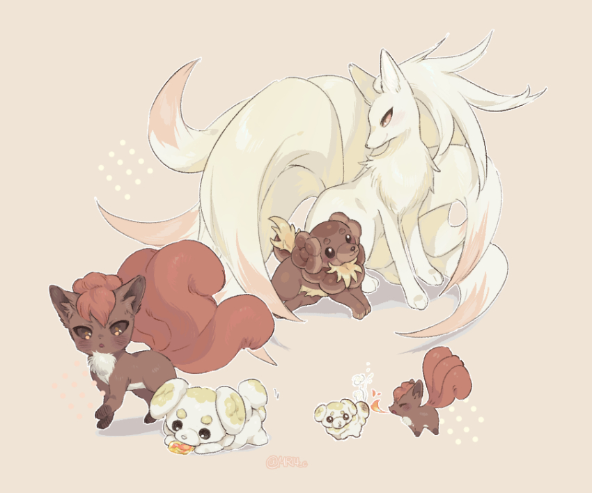 age_progression animal_ear_fluff breath_weapon breathing_fire burnt chest_fur dachsbun eating evolutionary_line fidough fire fluffy gen_1_pokemon highres looking_at_another multicolored_fur multiple_tails ninetales nintendo no_humans pokemon pokemon_(creature) simple_background size_difference sok_(mr14_c) tail vulpix