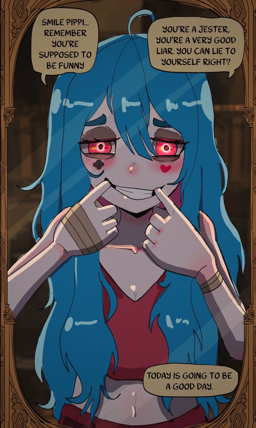 1girl ahoge aqua_hair bandages basedbinkie bruise_on_hand colored_skin commentary crop_top english_commentary english_text facepaint forced_smile highres messy_hair mouth_pull original pink_skin pippi_panini_(basedbinkie) speech_bubble