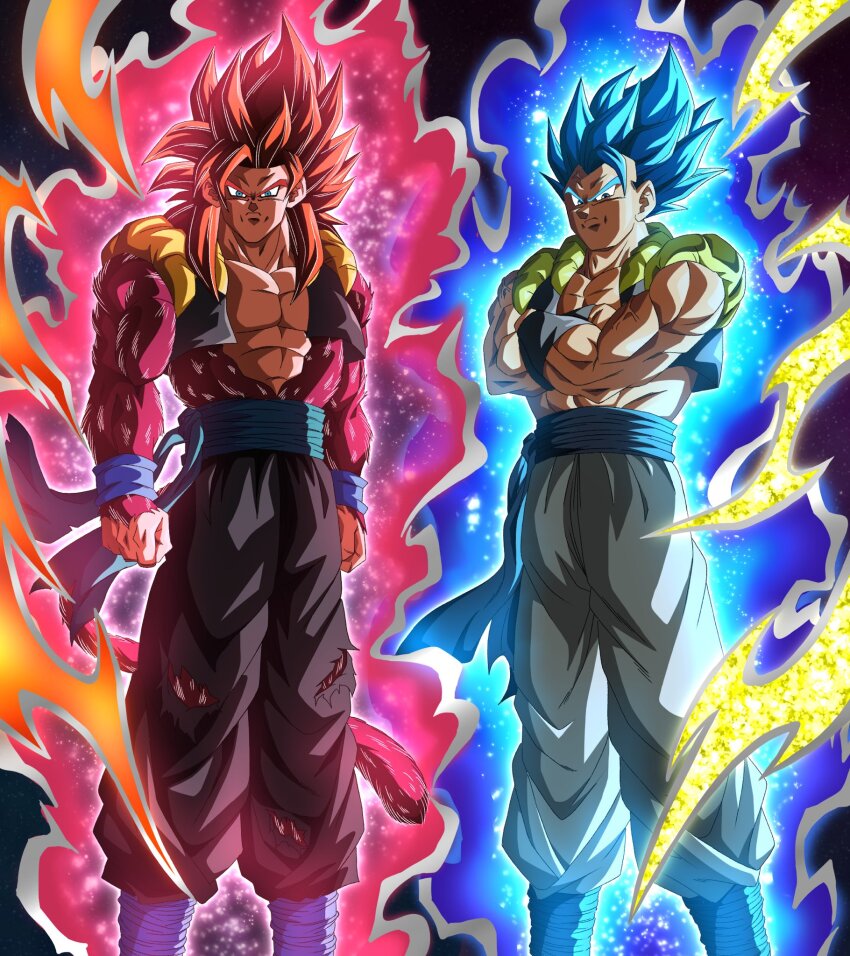 aura biceps blue_eyes blue_sash body_fur buraku_black dougi dragon_ball dragon_ball_heroes gogeta gogeta_(xeno) highres long_hair looking_at_viewer male_focus metamoran_vest monkey_boy monkey_tail multiple_boys muscular muscular_male no_nipples pants pectorals pink_fur red_fur red_hair saiyan sash spiked_hair super_full_power_saiyan_4_limit_breaker super_saiyan super_saiyan_4 super_saiyan_blue_evolved tail time_patrol_(dragon_ball)