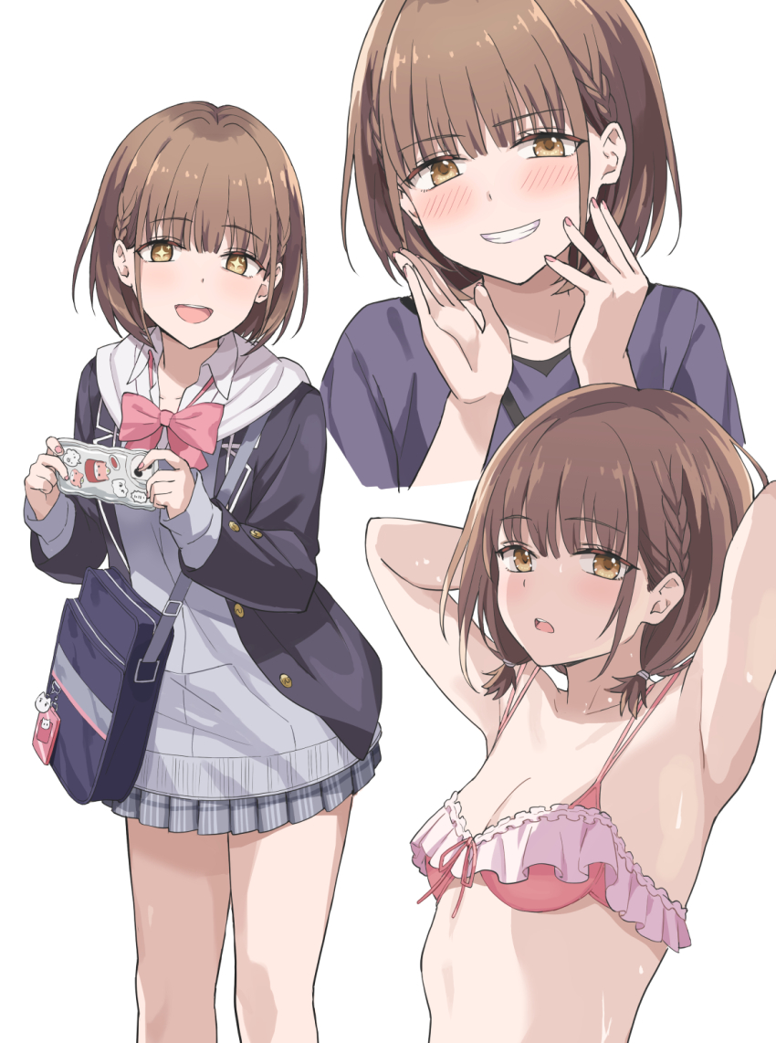 1girl arms_behind_head bag bag_charm bikini black_jacket blazer bow bowtie breasts brown_eyes brown_hair cardigan cellphone charm_(object) commentary_request grey_cardigan grey_skirt highres holding holding_phone jacket long_sleeves miniskirt multiple_views open_mouth phone pink_bikini pink_bow pink_bowtie pleated_skirt rasahan school_uniform seifuku_kanojo short_hair simple_background skirt small_breasts smartphone smile sparkling_eyes swimsuit tamayori_himari white_background