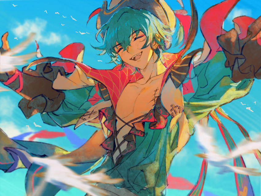 1boy blue_background blue_hair brant_(wuthering_waves) closed_eyes cloud cowboy_shot day gloves hahahashagi hat highres holding jacket jewelry looking_at_viewer male_focus open_clothes open_mouth pirate pirate_hat short_hair sky smile solo teeth upper_body wuthering_waves