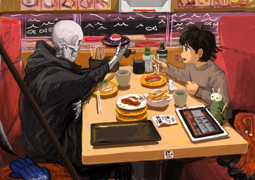 1boy 1other black_coat black_hair blue_gloves booth_seating child chopsticks coat commentary_request dated death_(entity) empty_plate fish_(food) food french_fries gloves grey_eyes grey_sweater grim_reaper hand_on_own_stomach holding holding_chopsticks indoors long_sleeves male_focus minahamu open_mouth original receipt red_scarf restaurant sashimi scarf signature sitting skeleton sweater table tablet_pc tray unworn_coat unworn_gloves unworn_scarf