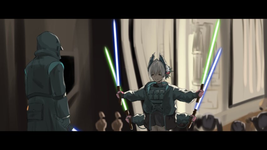 1girl 1other ansr_(stigro) arknights black_gloves black_jacket closed_eyes dark-skinned_female dark_skin doctor_(arknights) droid energy_sword extra_arms gloves grey_hair highres holding holding_sword holding_weapon hood hooded_coat jacket lightsaber parody pink_gloves raidian_(arknights) scene_reference smile star_wars star_wars:_revenge_of_the_sith sword weapon