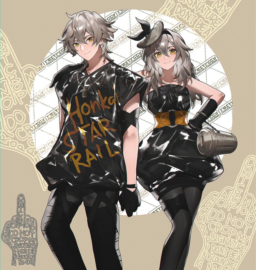 1boy 1girl alternate_costume artist_name bandaged_leg bandages bare_shoulders black_bandages black_dress black_pantyhose black_ribbon black_shirt breasts brown_background brown_eyes caelus_(honkai:_star_rail) cioccolatodorima commentary copyright_name cowboy_shot dress english_commentary grey_hair hair_ribbon highres honkai:_star_rail honkai_(series) long_hair looking_at_viewer medium_breasts pantyhose ribbon shirt short_hair smile smug stelle_(honkai:_star_rail) strapless strapless_dress trailblazer_(honkai:_star_rail) trash_bag trash_can watermark