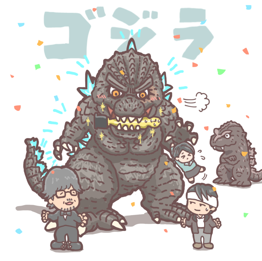 1girl 2024 4boys :3 academy_award_of_merit the_academy_awards award bow bowtie chibi claws clenched_teeth closed_eyes company_connection congratulations crossed_arms dinosaur dual_persona facial_scar giant giant_monster glasses godzilla godzilla_(1954) godzilla_(series) godzilla_minus_one happy holding holding_trophy hollywood kaiju legendary_pictures looking_at_another looking_at_viewer monster monsterverse multiple_boys oishi_noriko ok_sign real_life scar scar_on_cheek scar_on_face sharp_teeth shikishima_koichi spikes standing surprised teeth the_academy_awards toho translation_request trophy utchi yamazaki_takashi_(director)