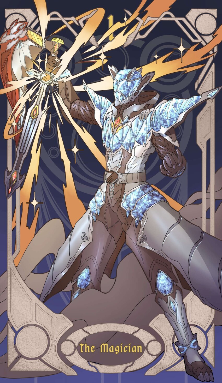 1boy absurdres armor axe belt bodysuit card_(medium) giganticbrush helmet highres holding holding_weapon jewelry kamen_rider kamen_rider_wizard kamen_rider_wizard_(infinity_style) kamen_rider_wizard_(series) magic_circle male_focus mask ring solo sword tailcoat tarot tarot_(medium) the_magician_(tarot) tokusatsu weapon wizard_ring wizardriver