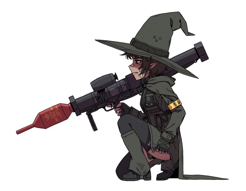 1girl armband black_boots black_thighhighs boots brown_hair cloak commentary english_commentary english_text fingerless_gloves from_side full_body gloves grey_cloak grey_gloves grey_hat grey_jacket gun hat highres holding holding_gun holding_weapon hood hood_down hooded_cloak jacket karepack korean_text on_one_knee original pointy_ears profile rocket_launcher simple_background solo thighhighs trigger_discipline weapon white_background witch_hat