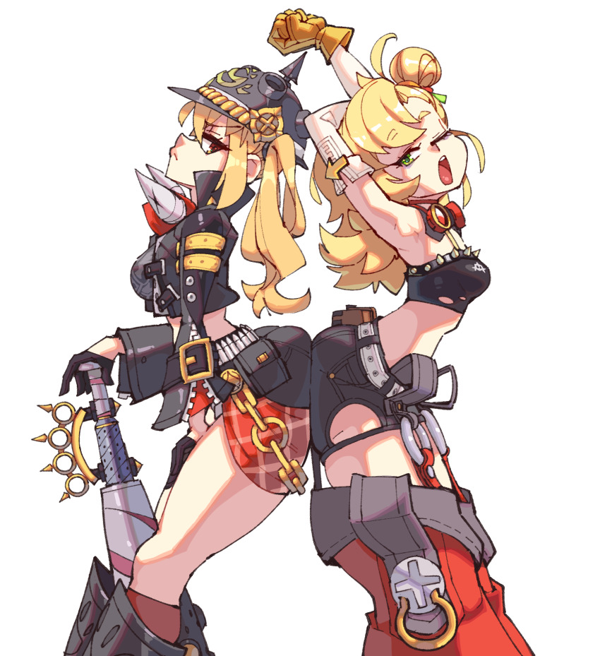 2girls ass_press baseball_bat black_boots blonde_hair boots breasts combat_helmet crop_top detached_pants detached_sleeves gloves goggles green_eyes helmet highres jacket long_hair luciana_de_montefio metal_baseball_bat multiple_girls pickelhaube piper_wheel red_eyes rtil short_shorts shorts small_breasts stretching zenless_zone_zero