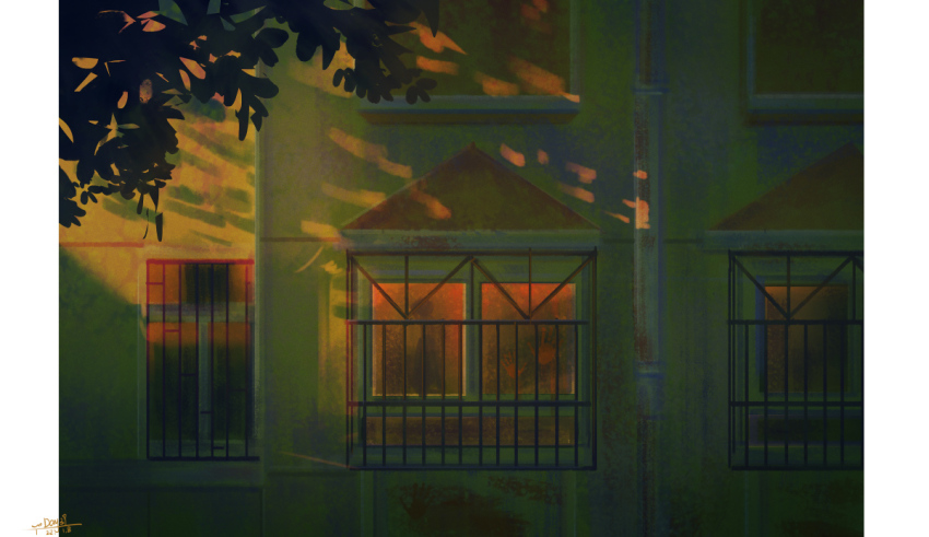balcony chinese_commentary commentary_request dappled_sunlight dated house no_humans original outdoors pillarboxed sanshui_guantang scenery signature sunlight sunset tree window