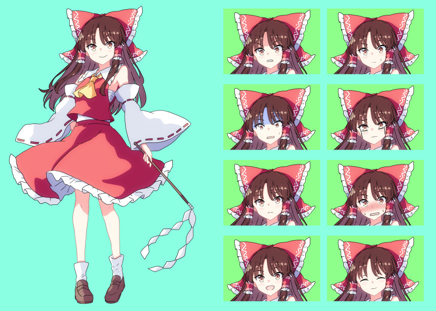 1girl absurdres ascot bare_shoulders bow breasts brown_eyes brown_hair chest_sarashi closed_eyes closed_mouth collar detached_sleeves embarrassed facing_viewer frilled_bow frilled_hair_tubes frilled_skirt frills full_body gohei hair_bow hair_tubes hakurei_reimu happy highres holding holding_gohei large_variant_set looking_at_viewer medium_hair multiple_faces pioartstuff red_bow red_skirt sarashi skirt small_breasts smile socks solo tachi-e touhou variant_set white_collar white_socks worried yellow_ascot