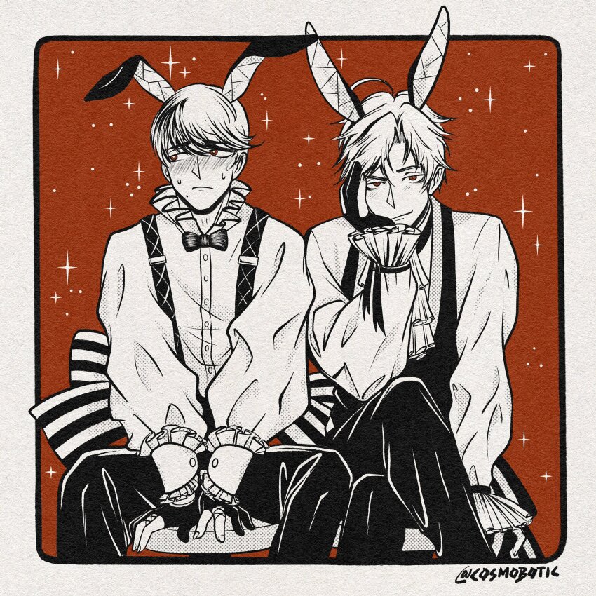 2boys animal_ears blush border crossed_legs csmbtc embarrassed fake_animal_ears hand_on_own_face highres leviathan_(obey_me!) lucifer_(obey_me!) male_focus multiple_boys nervous_sweating obey_me!:_one_master_to_rule_them_all! puffy_sleeves rabbit_ears red_background red_eyes sitting smile sweat white_border