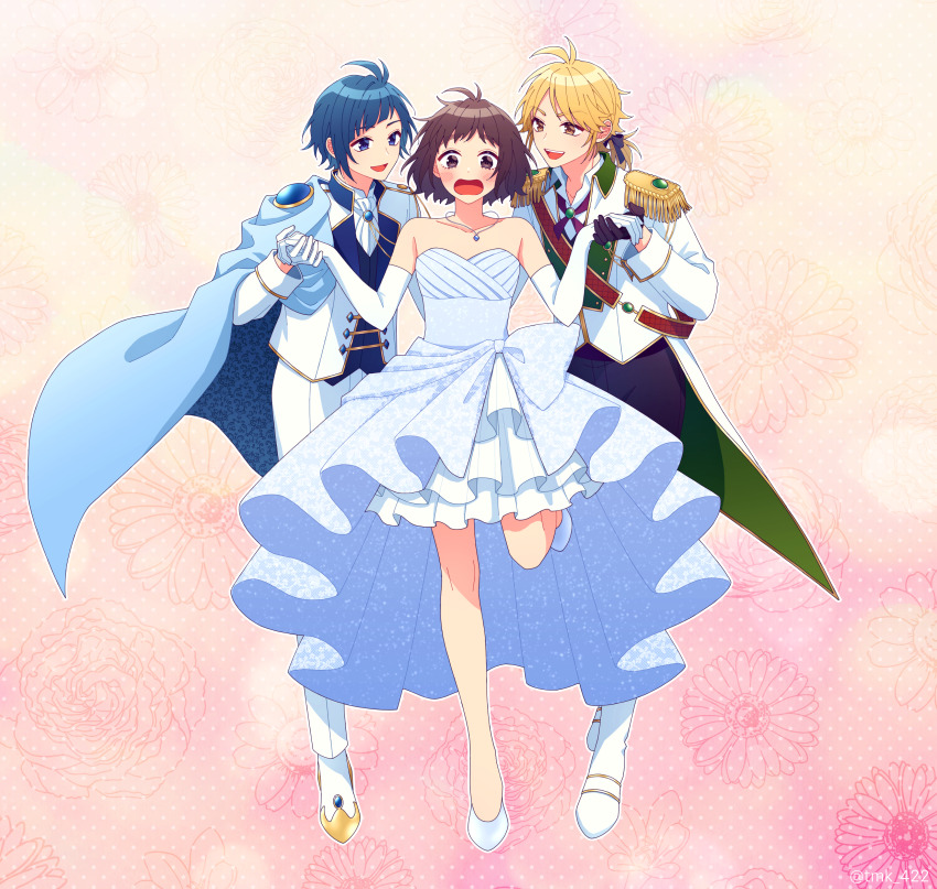 1girl 2boys blonde_hair blue_eyes blue_hair blush brown_eyes brown_hair collar collarbone commentary_request dress flower gloves hand_grab highres holding honeyworks jewelry kokuhaku_jikkou_iinkai leg_up long_sleeves multiple_boys necklace official_art open_mouth pants ponytail shibasaki_aizou shirt short_hair slippers someya_yuujirou strapless strapless_dress suzumi_hiyori tamakingx422x white_dress white_footwear white_gloves white_pants white_shirt yellow_eyes