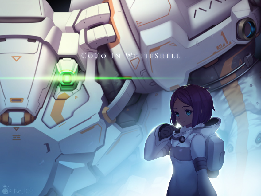 1girl blue_eyes character_name coco_mercury dark-skinned_female dark_skin english_text highres last_origin looking_at_viewer md5_mismatch mecha navel purple_hair robot shade short_hair skindentation smile solo spacesuit toriseru_(rare_stone) whiteshell