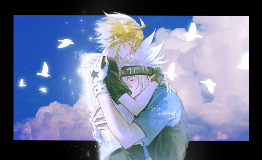 2boys absurdres ahoge aotu_world artist_name bird black_gloves black_headband black_vest blonde_hair blue_shirt blue_sky blush border chinese_commentary closed_eyes cloud cloudy_sky fingerless_gloves from_side gloves grey_(aotu_world) hair_between_eyes headband highres hood hoodie hug jacket king_(aotu_world) male_focus multiple_boys outdoors plutoray pointy_ears shirt short_hair short_sleeves sky smile sparkle spiked_hair star_(symbol) upper_body vest white_gloves white_hair white_hoodie yaoi