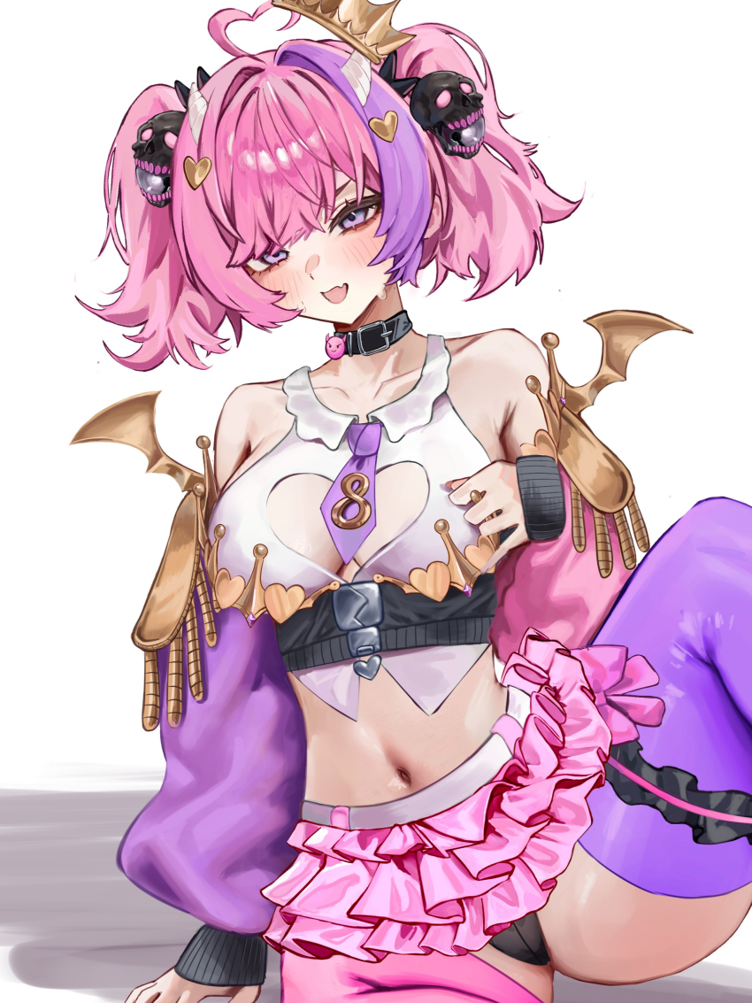 1girl absurdres badkrol breasts cleavage cleavage_cutout clothing_cutout demon_girl demon_horns demon_wings dress heart_cutout highres horns indie_virtual_youtuber ironmouse large_breasts looking_at_viewer multicolored_hair open_mouth pink_hair purple_eyes purple_hair self-upload simple_background smile solo streaked_hair tail two-tone_hair two_side_up virtual_youtuber wings