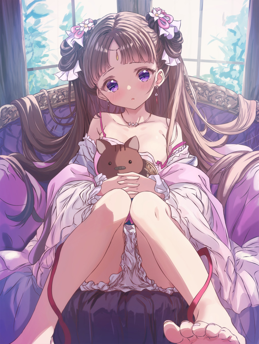 1girl barefoot bloomers blue_sash breasts brown_hair chair chinese_clothes collarbone commentary_request curtains cutlass_(classic_chocolate) day earrings flower_earrings foot_out_of_frame hair_flowing_over hair_ribbon hanfu head_chain highres holding holding_stuffed_toy indoors jewelry kusuriya_no_hitorigoto lishu_(kusuriya_no_hitorigoto) long_hair long_sleeves looking_at_viewer necklace on_chair open_mouth parted_bangs parted_lips pink_hanfu purple_eyes red_ribbon ribbon sash solo strap_slip stuffed_animal stuffed_toy toenails toes underwear very_long_hair white_bloomers white_ribbon wide_sleeves window