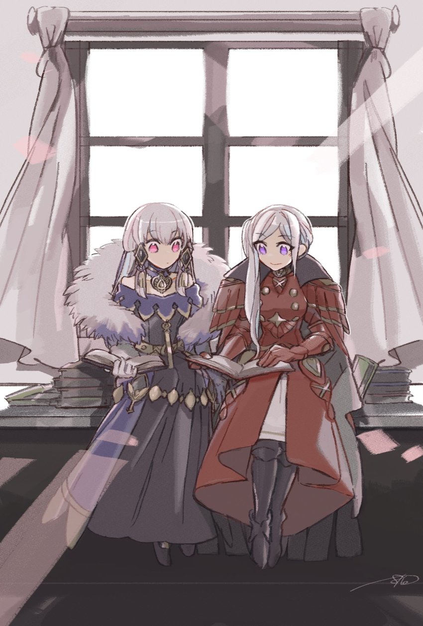 2girls batoson54 book cape closed_mouth dress edelgard_von_hresvelg edelgard_von_hresvelg_(timeskip) fire_emblem fire_emblem:_three_houses fur_trim gloves hair_ornament highres holding holding_book long_hair long_sleeves lysithea_von_ordelia lysithea_von_ordelia_(timeskip) multiple_girls nintendo open_book pink_eyes purple_eyes side_ponytail sitting smile white_gloves white_hair window