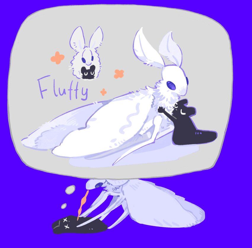 big_moth_(rain_world) blood_sucking bug chinese_commentary closed_eyes commentary_request creature dying english_text highres hug insect moth no_humans oversized_insect purple_background rain_world sanngo_35 slugcat speech_bubble thought_bubble u_u watcher_(rain_world) white_fur x_x