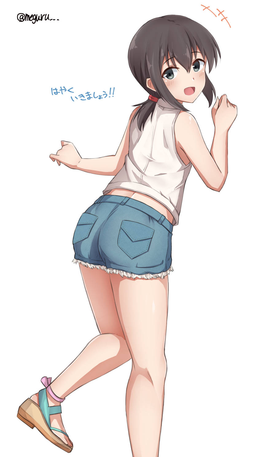 1girl absurdres alternate_costume artistic_error ass bad_anatomy black_eyes black_hair blue_shorts casual cutoffs denim denim_shorts female_focus from_behind fubuki_(kancolle) highres kantai_collection looking_at_viewer looking_back low_ponytail meguru_(megurunn) midriff_peek ponytail shirt short_ponytail short_shorts shorts sidelocks simple_background sleeveless sleeveless_shirt solo toeless_footwear translated twitter_username white_background white_shirt wrong_foot