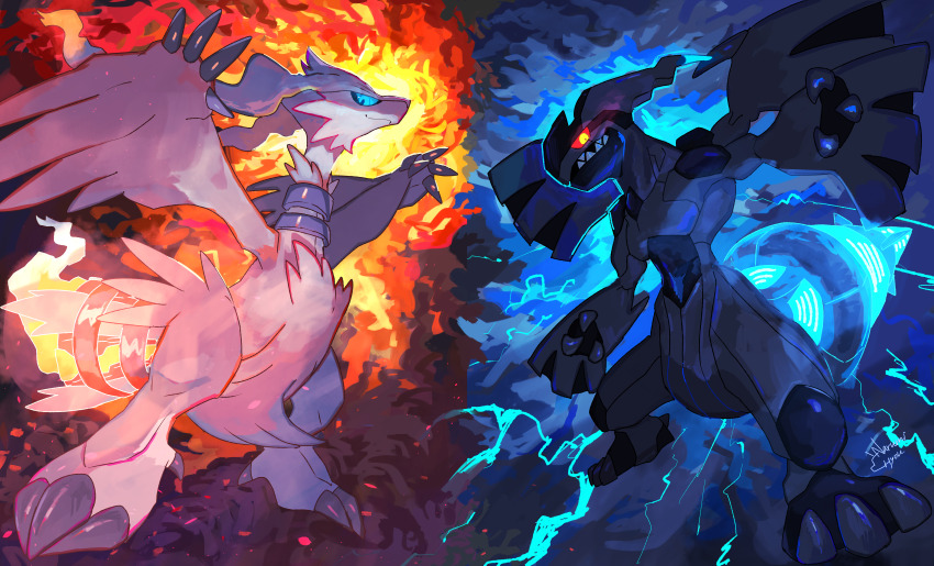 absurdres animal_focus blue_background blue_eyes blue_theme claws closed_mouth colored_sclera commentary_request dragon electricity embers fire flame-tipped_tail full_body gen_5_pokemon glowing glowing_eyes glowing_tail highres legendary_pokemon looking_at_viewer narumi_hyou nintendo no_humans pokemon pokemon_(creature) pokemon_focus red_sclera reshiram sharp_teeth signature solo tail teeth yellow_eyes zekrom
