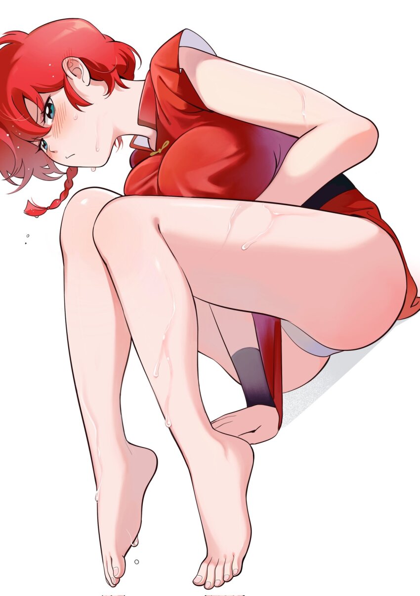 1girl bai_xin bare_legs barefoot blue_eyes blush braid braided_ponytail chinese_clothes commentary covering_crotch covering_privates feet highres no_pants panties ranma-chan ranma_1/2 red_hair symbol-only_commentary underwear wet wet_hair white_panties