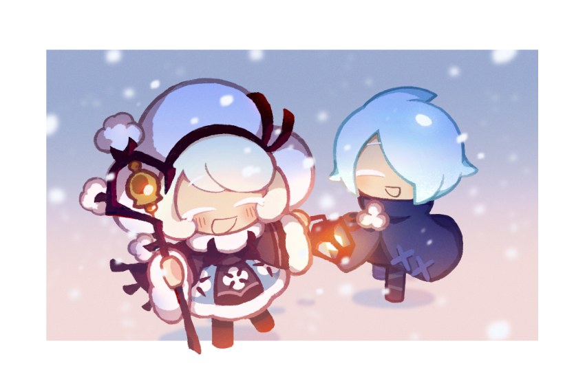 1boy 1girl ^_^ blue_capelet blue_hair blush border brown_dress capelet closed_eyes cookie_run cookie_run:_kingdom cotton_cookie cross-laced_capelet cross-laced_clothes dress full_body fur-trimmed_dress fur-trimmed_sleeves fur_trim hair_over_one_eye hat holding holding_lantern holding_staff lantern light_blue_hair long_sleeves melvi0 open_mouth outdoors sherbet_cookie short_hair smile snowing staff white_border white_hair white_hat