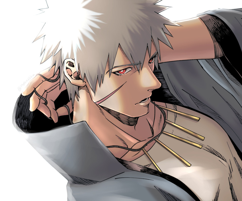 1boy adam&#039;s_apple bright_pupils coat commentary_request grey_coat highres hood hood_down jewelry kemu_(19002265km) looking_at_viewer male_focus naruto_(series) necklace open_mouth red_eyes scar scar_on_face senju_tobirama shirt short_hair simple_background solo white_background white_hair white_pupils white_shirt