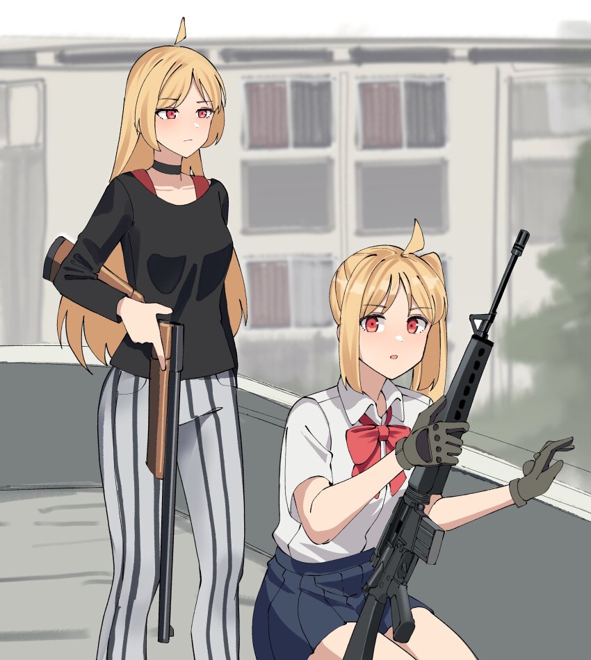 2girls absurdres ar-15 black_shirt blue_skirt bocchi_the_rock! bow character_request double-barreled_shotgun expressionless gar32 grey_pants gun highres ijichi_seika looking_at_viewer multiple_girls pants photo-referenced real_life red_bow rifle rooftop_koreans school_uniform shirt shotgun skirt squatting striped_clothes striped_pants weapon white_background