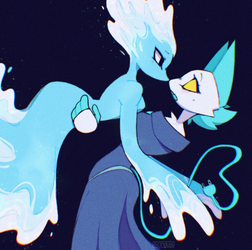2girls acinaces animal_ears artist_name black_eyes blue_dress blue_tail blush cable cable_tail cat_girl commentary deltarune dress electric_plug electric_plug_tail english_commentary furry furry_female hand_on_another&#039;s_hip highres mechanical_tail miss_mizzle monster_girl multiple_girls rayman_limbs slime_girl solid_eyes tail tasque_manager water yellow_eyes yuri