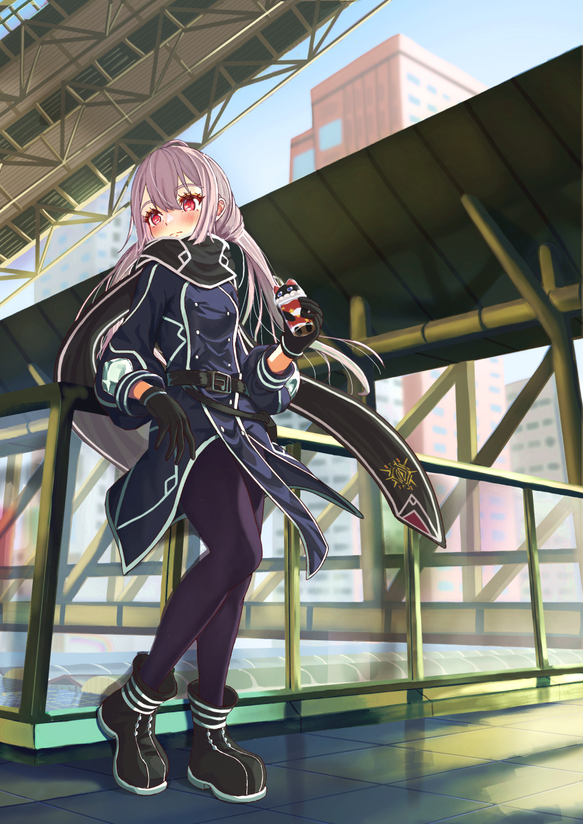 1girl absurdres belt black_belt black_boots black_gloves black_scarf blush boots brown_pantyhose building closed_mouth cup cupsie_yummy duel_monster elbow_rest food full_body gloves grey_hair hair_between_eyes highres holding holding_cup holding_food long_hair long_sleeves pantyhose pinkyringring red_eyes scarf sky_striker_ace_-_roze solo twintails yu-gi-oh!