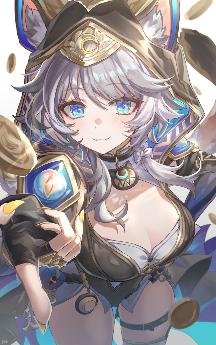 1girl absurdres animal_ears animal_hood belt black_gloves black_leotard blue_eyes breasts cat_ears cat_girl cat_hood cat_tail cipher_(honkai:_star_rail) cleavage coin fang fingerless_gloves gloves gold_coin grey_hair highres honkai:_star_rail honkai_(series) hood hooded_leotard large_breasts leotard looking_at_viewer mole mole_on_breast por_(_por_tt) short_hair_with_long_locks skin_fang solo tail thigh_belt thigh_strap thighs yellow_nails