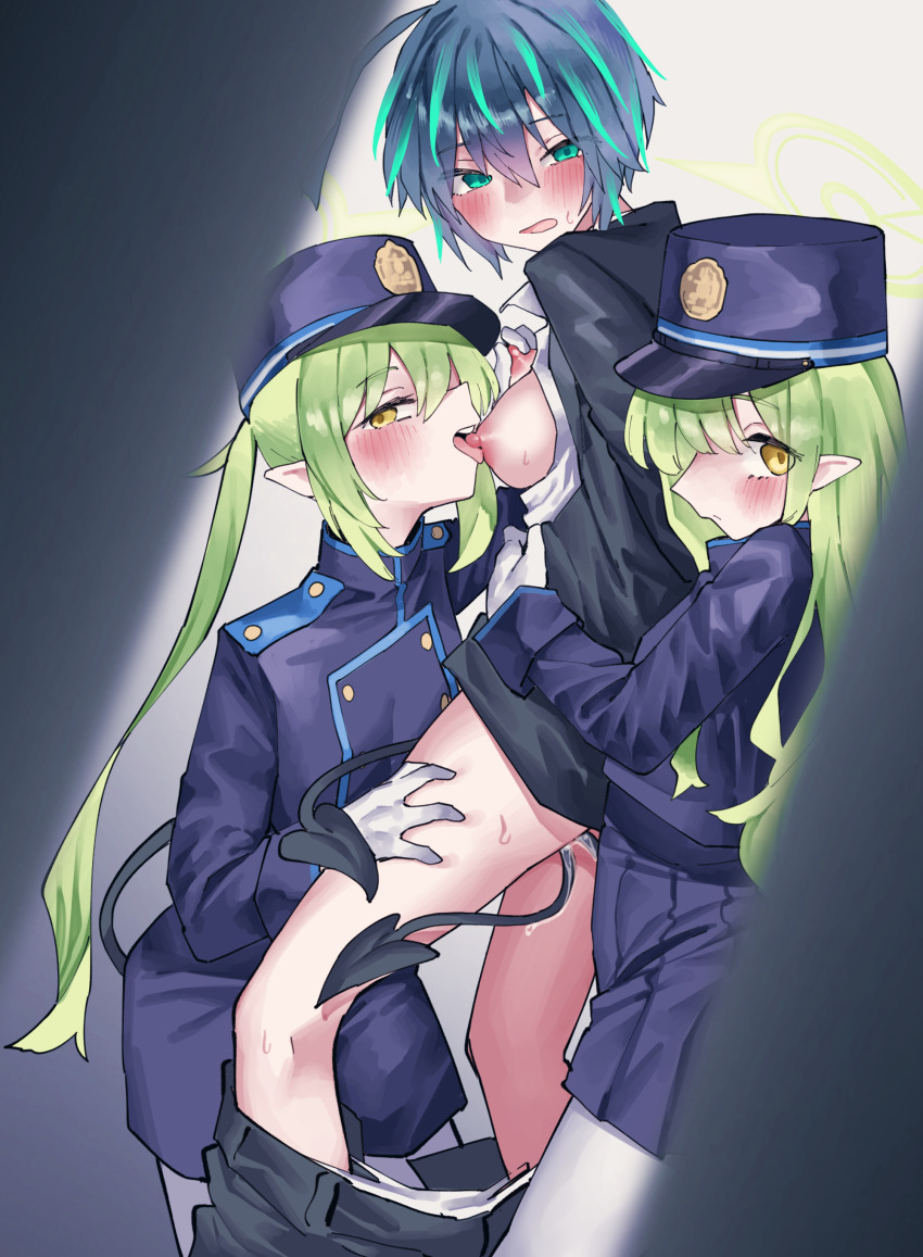 3girls absurdres black_jacket black_pants blue_archive blue_hat blue_jacket blue_shorts blue_skirt blush breasts clothes_pull demon_tail female_sensei_(blue_archive) fff_threesome gloves green_hair group_sex hat highres hikari_(blue_archive) jacket licking licking_nipple looking_at_viewer medium_breasts multiple_girls nipple_stimulation nipple_tweak nipples nozomi_(blue_archive) pants pants_pull pantyhose pleated_skirt pointy_ears pussy_juice sensei_(blue_archive) shorts siblings sisters skirt straight_hair sweat tail threesome twins twintails vivo_(vivo_sun_0222) voyeurism white_gloves white_pantyhose yuri