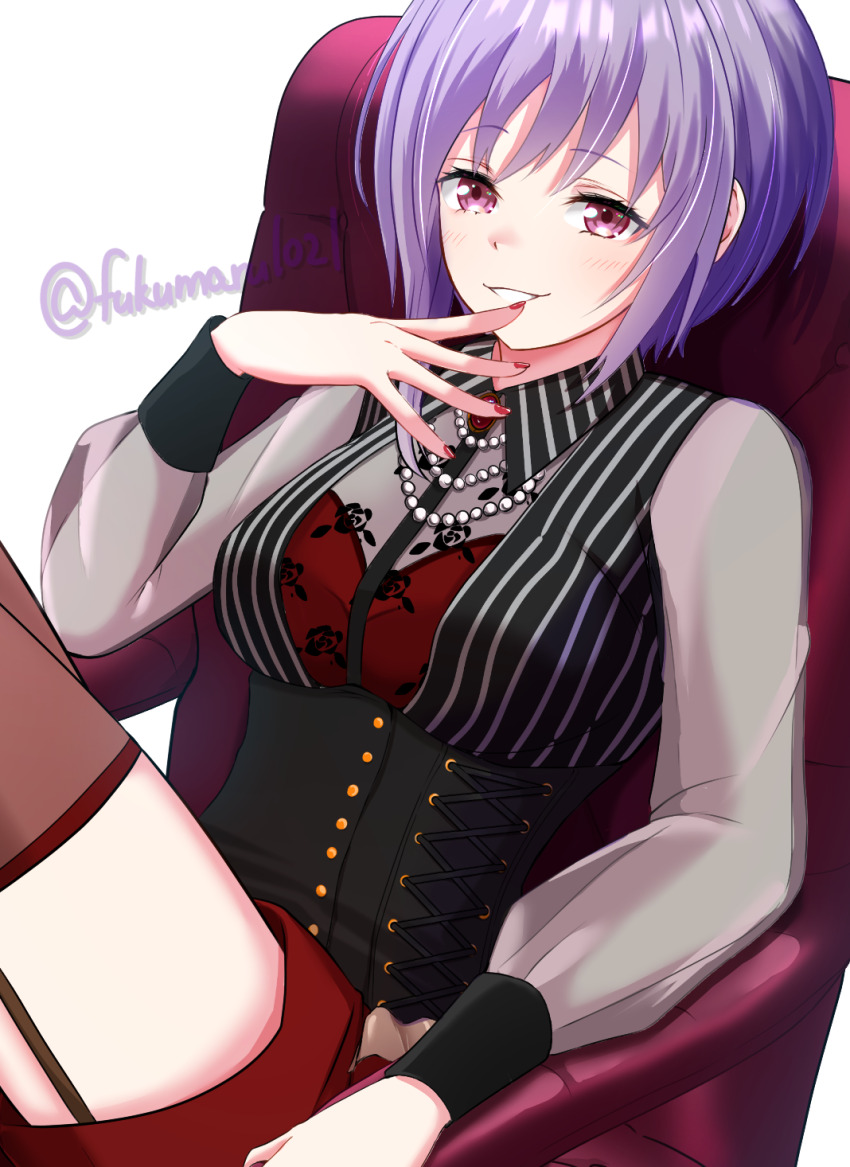 1girl amoris_(bang_dream!) bang_dream! bang_dream!_it&#039;s_mygo!!!!! bead_necklace beads black_corset blush breasts brooch chair commentary corset fukumaru1021 garter_straps grey_shirt highres jewelry medium_breasts nail_polish necklace open_mouth purple_eyes purple_hair red_nails red_shorts red_thighhighs see-through_clothes see-through_sleeves shirt short_hair shorts simple_background solo thighhighs white_background yuutenji_nyamu