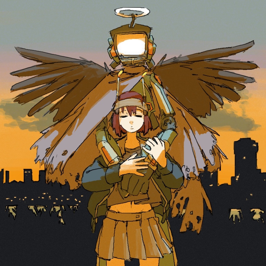 1girl antennae black_jacket brown_shirt canti city cloak closed_eyes cloud fake_halo flcl halo hashihime highres jacket miniskirt navel pantsu-ripper pleated_skirt robot samejima_mamimi shirt skirt torn_cloak torn_clothes ushi_no_koku_mairi wings