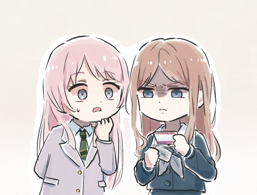 2girls angry arm_behind_back bang_dream! bang_dream!_it&#039;s_mygo!!!!! blue_eyes blue_shirt brown_background brown_hair chihaya_anon closed_mouth collared_shirt commentary diagonal-striped_clothes diagonal-striped_necktie green_necktie grey_eyes grey_jacket grey_neckerchief hand_up jacket long_hair long_sleeves lyy multiple_girls nagasaki_soyo neckerchief necktie outline parted_bangs pink_hair shirt sidelocks simple_background striped_clothes sweatdrop symbol-only_commentary white_outline white_shirt