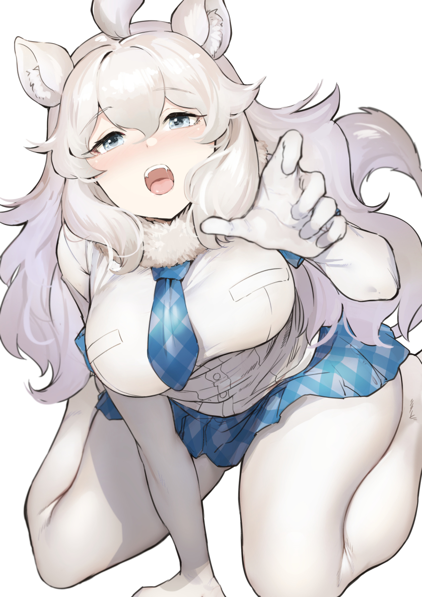 1girl animal_ears blue_eyes blue_necktie blue_skirt blush commentary_request elbow_gloves fangs female_focus fur_collar gloves highres kemono_friends kneeling koruse lion_ears lion_girl lion_tail long_hair looking_at_viewer necktie nose_blush open_mouth pantyhose plaid_clothes plaid_necktie plaid_neckwear plaid_skirt plaid_trim pleated_skirt reaching reaching_towards_viewer shirt short_sleeves skirt solo t-shirt tail white_fur white_gloves white_hair white_lion_(kemono_friends) white_pantyhose white_shirt white_theme