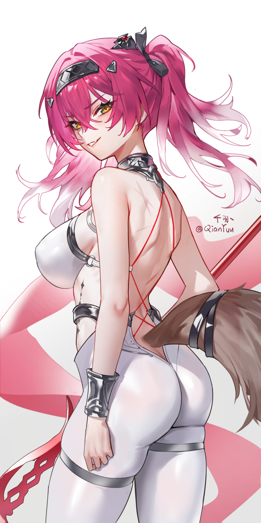 1girl absurdres ass bare_shoulders black_bow bodysuit bow breasts collar cowboy_shot grin hair_between_eyes hair_bow hairband highres large_breasts long_hair looking_at_viewer lupa_(wuthering_waves) metal_collar metal_hairband missing_commentary parted_lips pink_hair qianyuu_(senba) red_pupils shoulder_blades simple_background smile solo tacet_mark_(wuthering_waves) tail white_background white_bodysuit wolf_tail wuthering_waves yellow_eyes