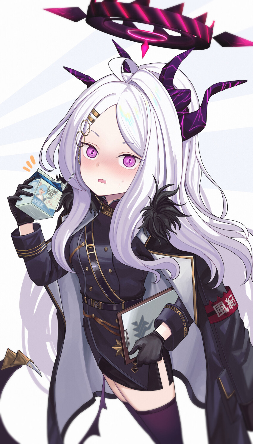 1girl absurdres ahoge ako_(blue_archive) armband belt belt_buckle black_belt black_coat black_gloves black_skirt black_thighhighs blue_archive blush buckle cameo clipboard coat coat_on_shoulders commentary demon_girl demon_horns demon_wings drinking_straw forehead fur-trimmed_coat fur_trim gehenna_academy_logo gimyogi gloves hair_ornament hair_ribbon hairclip half_updo halo highres hina_(blue_archive) holding holding_clipboard holding_milk_carton horns long_hair long_sleeves looking_at_viewer military_uniform milk_carton open_clothes open_coat parted_bangs parted_lips pencil_skirt purple_eyes red_armband revision ribbon sam_browne_belt side_slit sidelocks simple_background skirt solo sweatdrop thighhighs wavy_hair white_background white_hair wings zettai_ryouiki