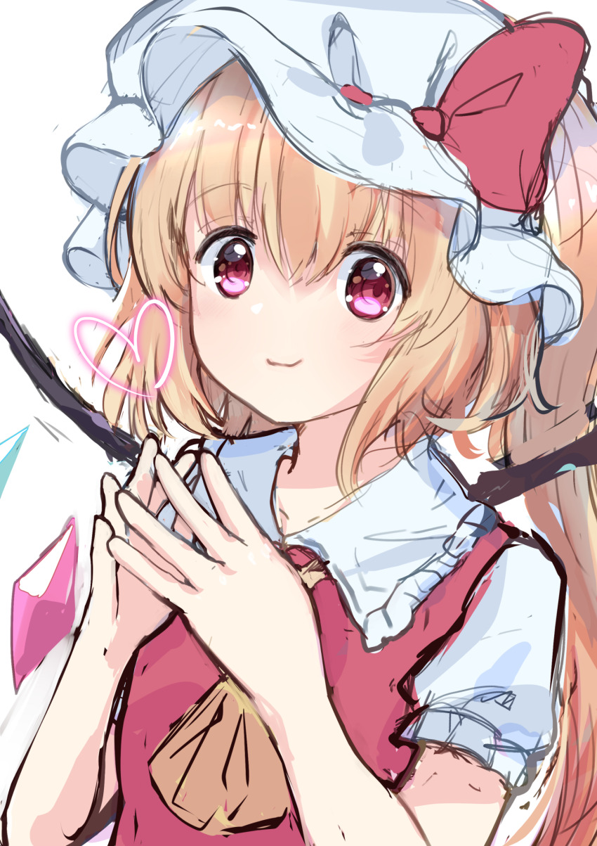 1girl ascot blonde_hair closed_mouth collared_shirt flandre_scarlet frilled_shirt_collar frilled_sleeves frills hair_between_eyes hat hat_ribbon heart highres light_smile long_hair looking_at_viewer multicolored_wings one_side_up own_hands_together puffy_sleeves rapameri red_eyes red_ribbon red_vest ribbon ribbon-trimmed_headwear ribbon_trim shirt solo steepled_fingers touhou vest white_background white_hat white_shirt wings yellow_ascot
