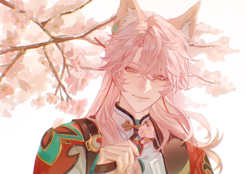 1boy absurdres animal_ear_fluff animal_ears cherry_blossoms closed_mouth crossed_bangs fingernails flower fox_ears highres holding holding_flower honkai:_star_rail honkai_(series) jiaoqiu_(honkai:_star_rail) long_hair looking_to_the_side male_focus mandarin_collar outdoors parted_bangs parted_hair pink_flower pink_hair piyathida_24 sideways_glance smile solo tree upper_body yellow_eyes