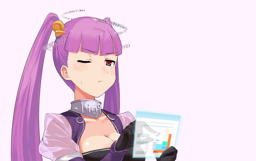 1girl bing breasts cleavage female_focus gloves highres medium_breasts microsoft_bing microsoft_windows nanami_(bing) one_eye_closed purple_hair red_eyes solo sweat sweatdrop twintails wink