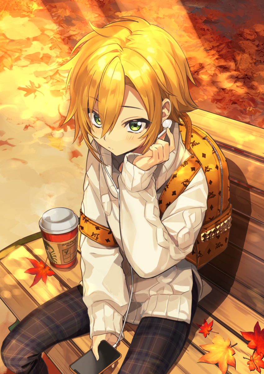 1boy absurdres autumn_leaves backpack bag bench blonde_hair cellphone closed_mouth day earphones fuubuu green_eyes hair_between_eyes highres holding holding_phone leaf looking_at_viewer male_focus maple_leaf nijisanji on_bench outdoors pants park_bench phone plaid_clothes plaid_pants short_hair single_earphone_removed sitting sleeves_past_wrists solo sweater uzuki_kou virtual_youtuber white_sweater