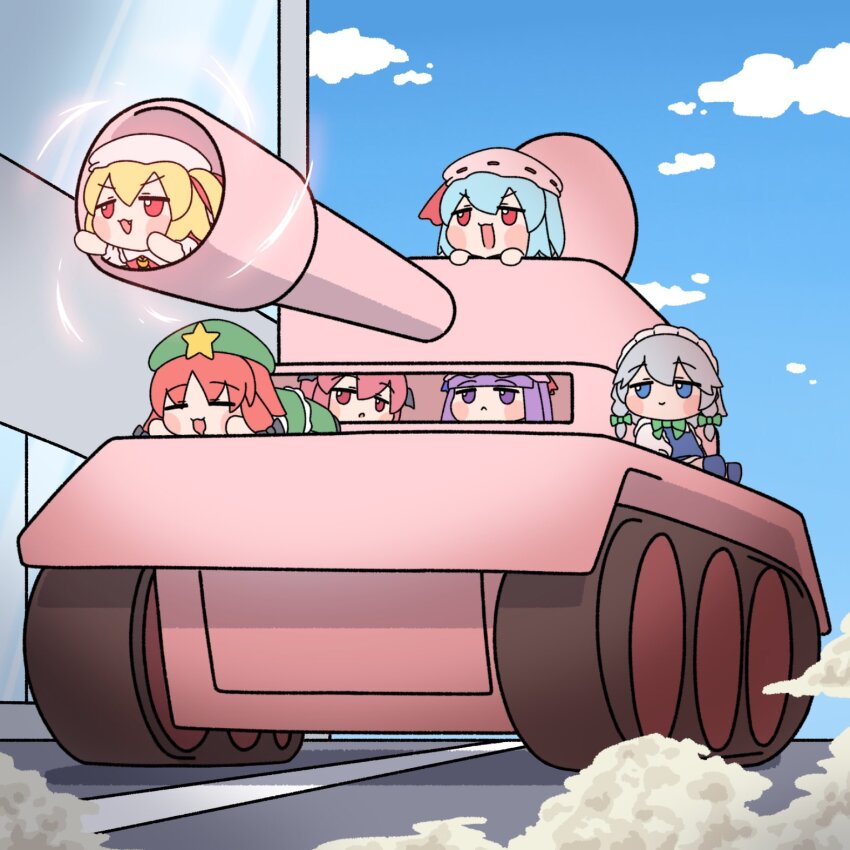 6+girls ascot bat_wings beret blonde_hair blue_eyes blue_hair blush blush_stickers bow braid demon_wings dress embodiment_of_scarlet_devil flandre_scarlet fumo_(doll) green_bow green_vest grey_hair hair_bow hat hat_ornament hat_ribbon head_wings highres hong_meiling izayoi_sakuya koakuma long_hair long_sleeves maid maid_headdress military_vehicle mob_cap motor_vehicle multiple_girls necktie open_mouth patchouli_knowledge puffy_sleeves purple_eyes purple_hair red_eyes red_hair red_vest remilia_scarlet ribbon ribbon_trim shirt short_hair side_ponytail skirt skirt_set smile star_(symbol) star_hat_ornament tank touhou twin_braids vest white_hat wings y75zei yellow_ascot