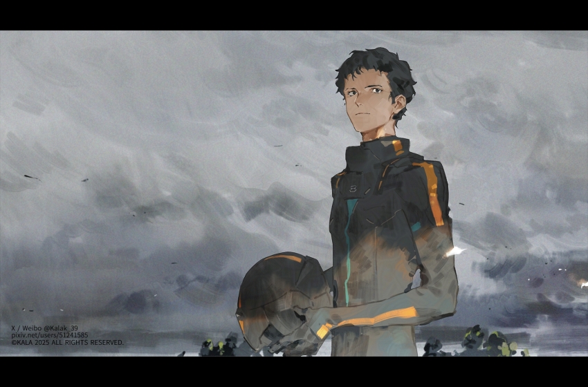 1boy black_border black_hair border closed_mouth commentary_request copyright_notice grey_sky gundam gundam_hathaway&#039;s_flash hathaway_noa helmet holding holding_helmet jumpsuit kalak_39 mecha_pilot_suit mobile_suit_gundam outdoors short_hair sky unworn_headwear unworn_helmet