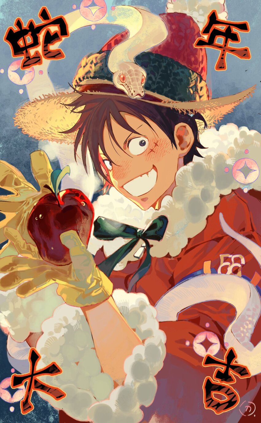 1boy apple black_hair blush coat commentary food fruit fur-trimmed_coat fur_trim gloves hat highres looking_at_viewer male_focus monkey_d._luffy one_piece santa_costume scar scar_on_face short_hair siyangou49 smile snake solo straw_hat upper_body yellow_gloves