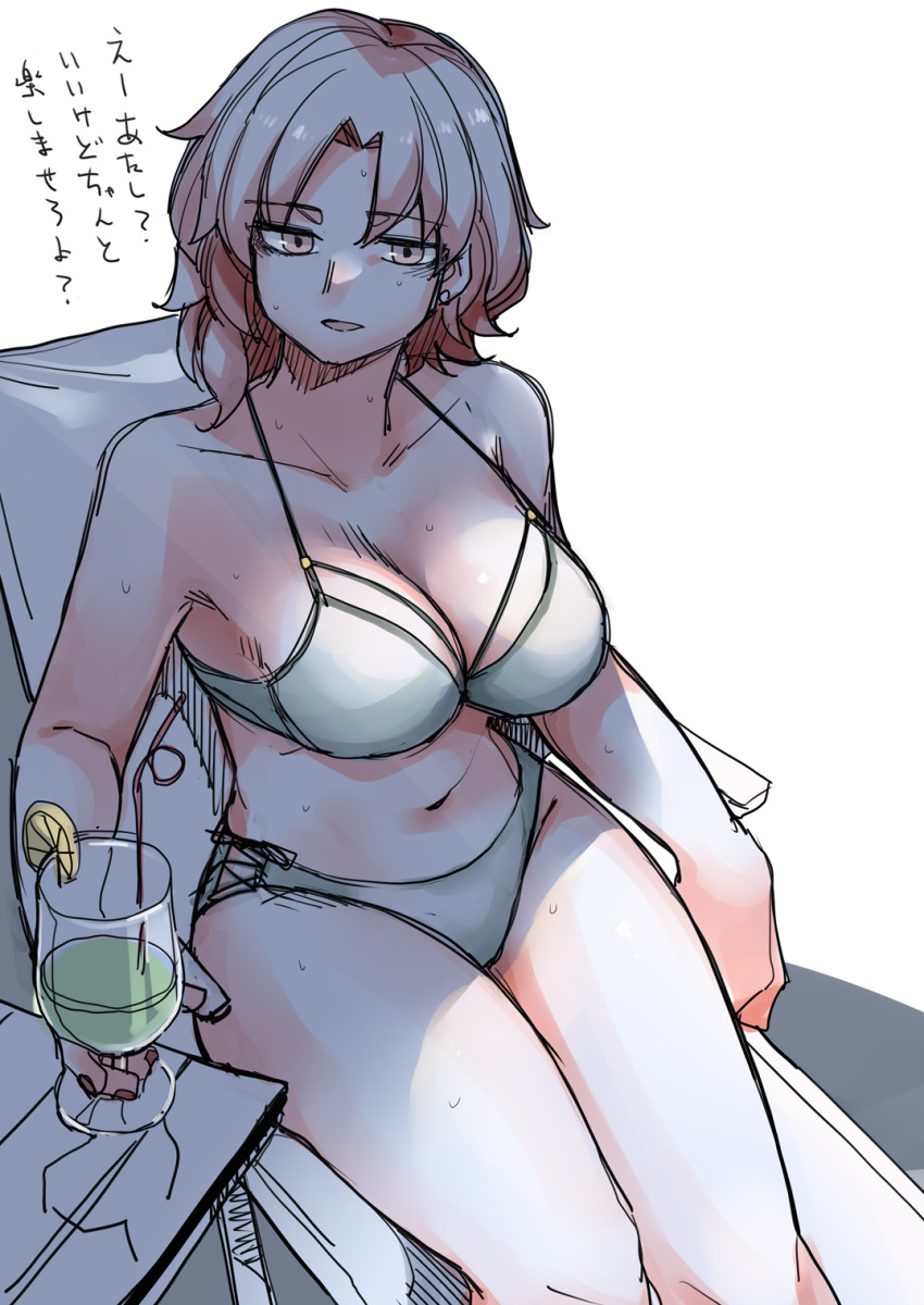 1girl bare_shoulders bikini breasts cleavage collarbone cup drink drinking_glass drinking_straw highres ice ikemen_joshi_to_josou_danshi large_breasts looking_at_viewer navel nishikiyuri_koyuki short_hair sitting solo sweat swimsuit tadd_(tatd) tropical_drink white_background white_bikini